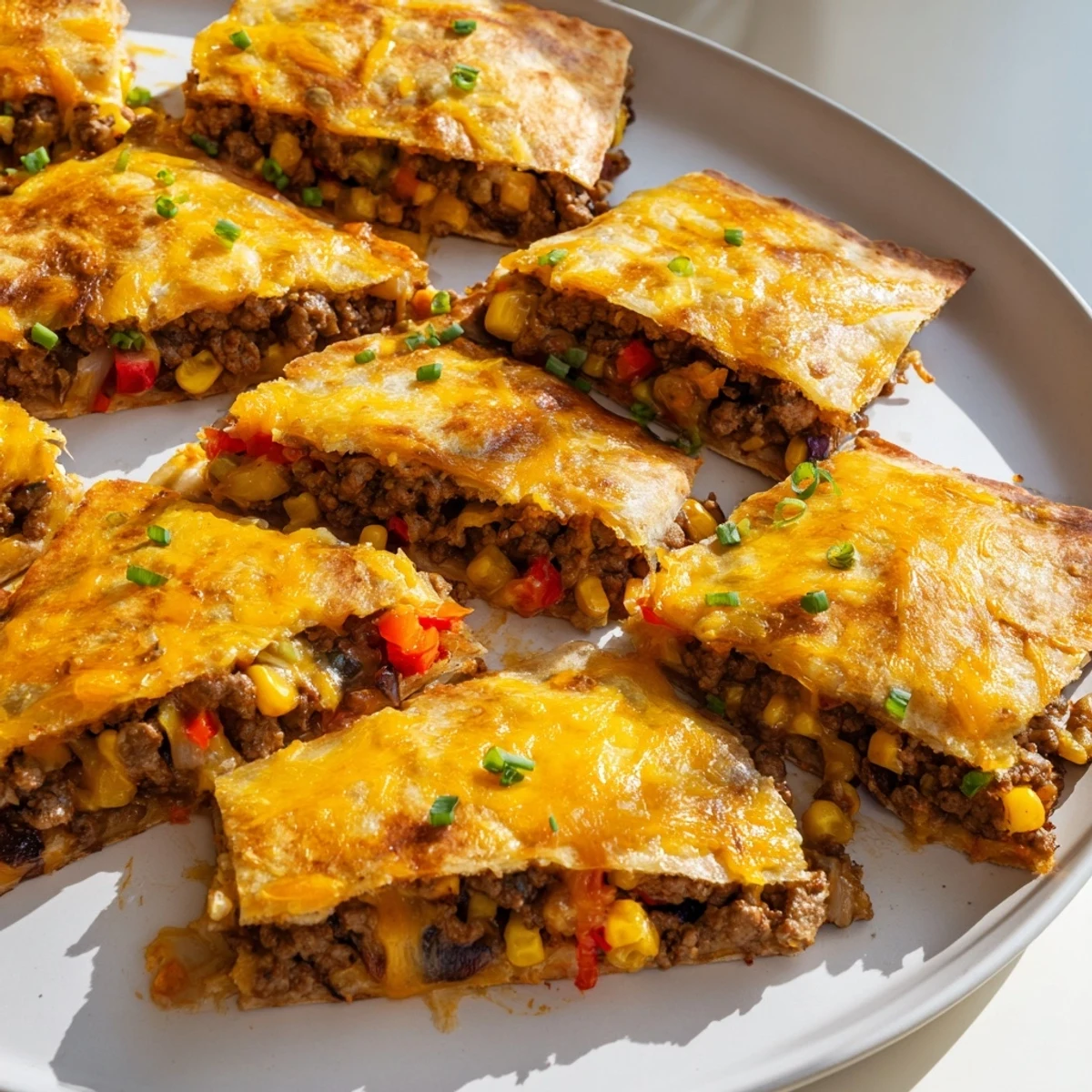 A close-up of sheet pan quesadillas with beef, showcasing layers of savory filling and crispy, browned tortillas.
