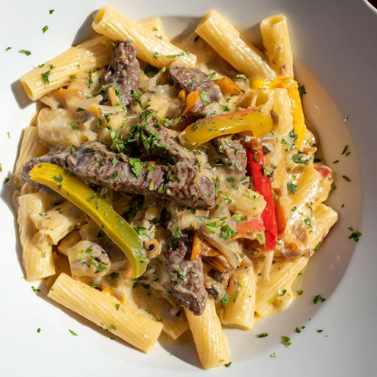 Tender Philly cheesesteak pasta, a comforting bowl of pasta with cheesy sauce and beef.