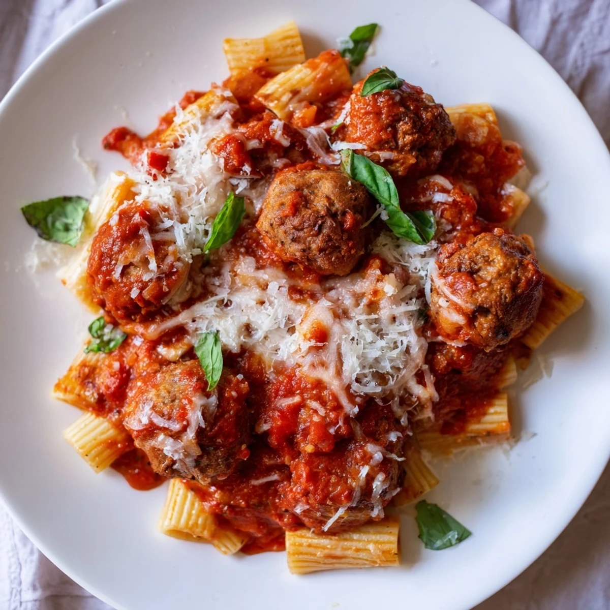 A close-up shot of the Italian Meatball Pasta Skillet reveals tender meatballs surrounded by rich tomato sauce.