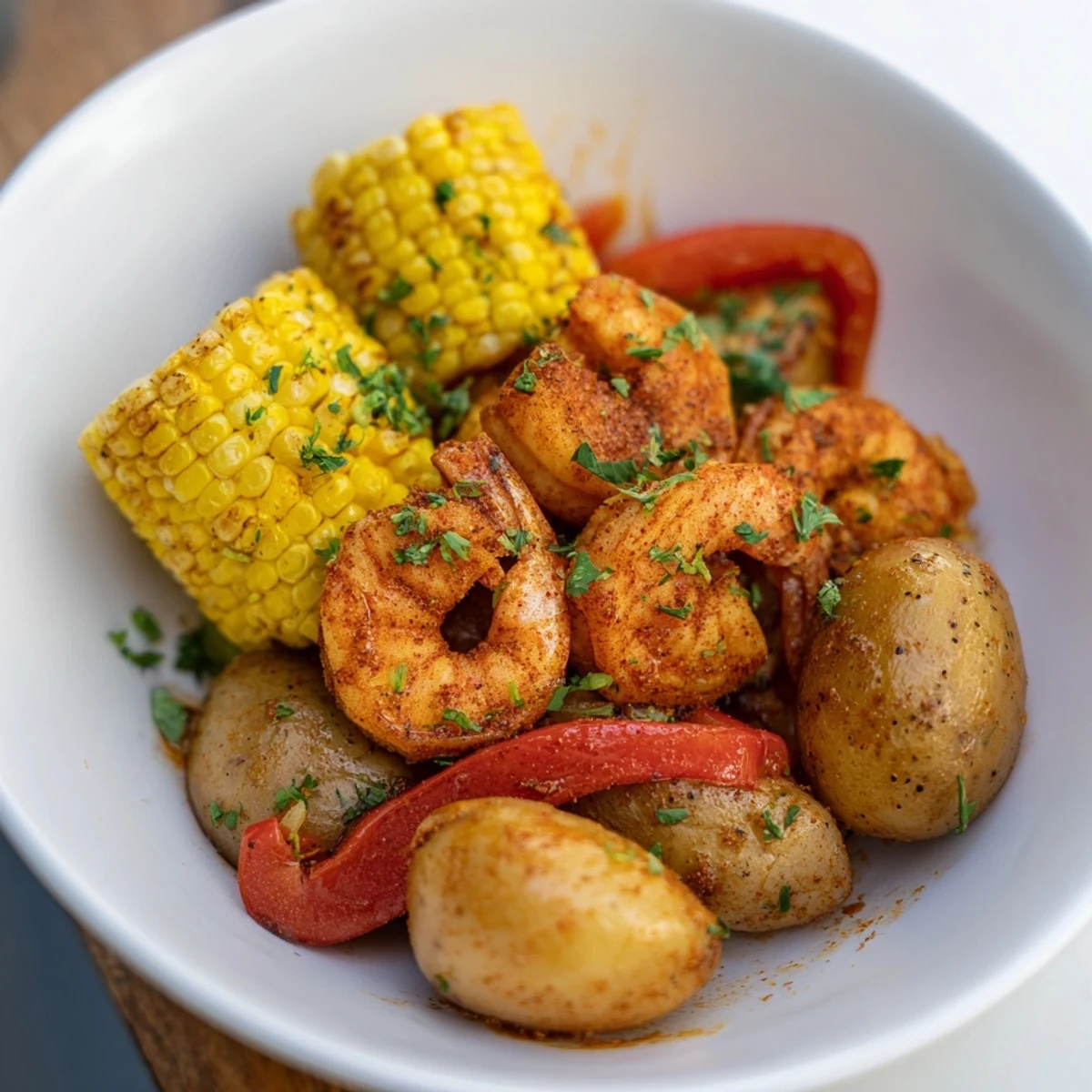Golden-brown Cajun shrimp and sweet corn on a platter, perfect for a flavorful, easy meal.