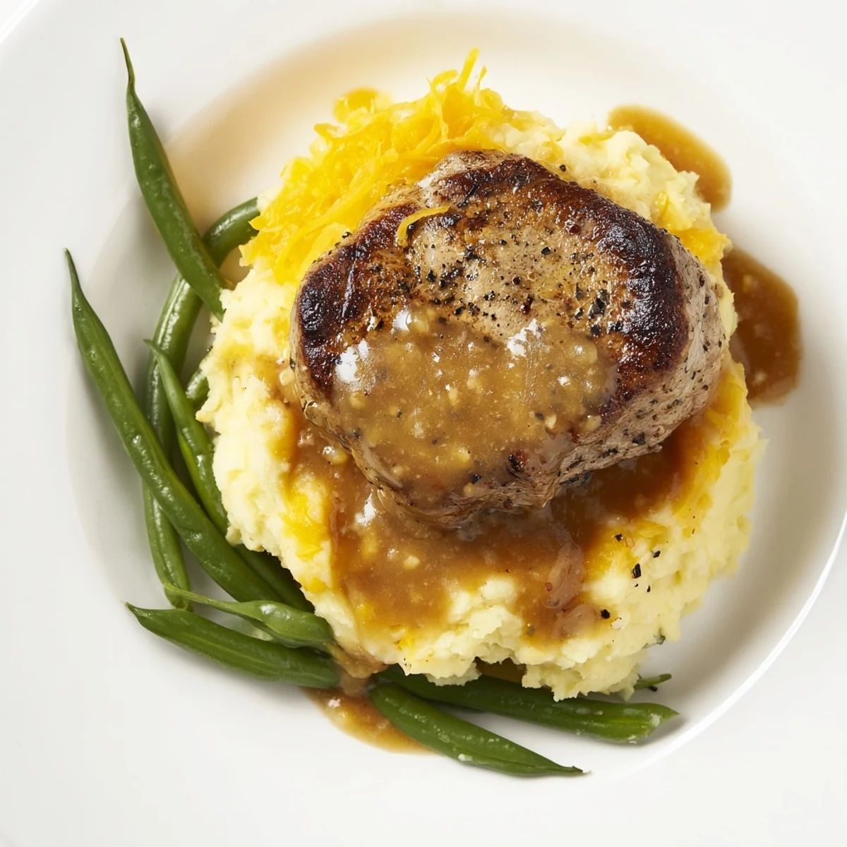 Golden-brown pork chops resting on creamy cheddar mash with savory pan gravy.
