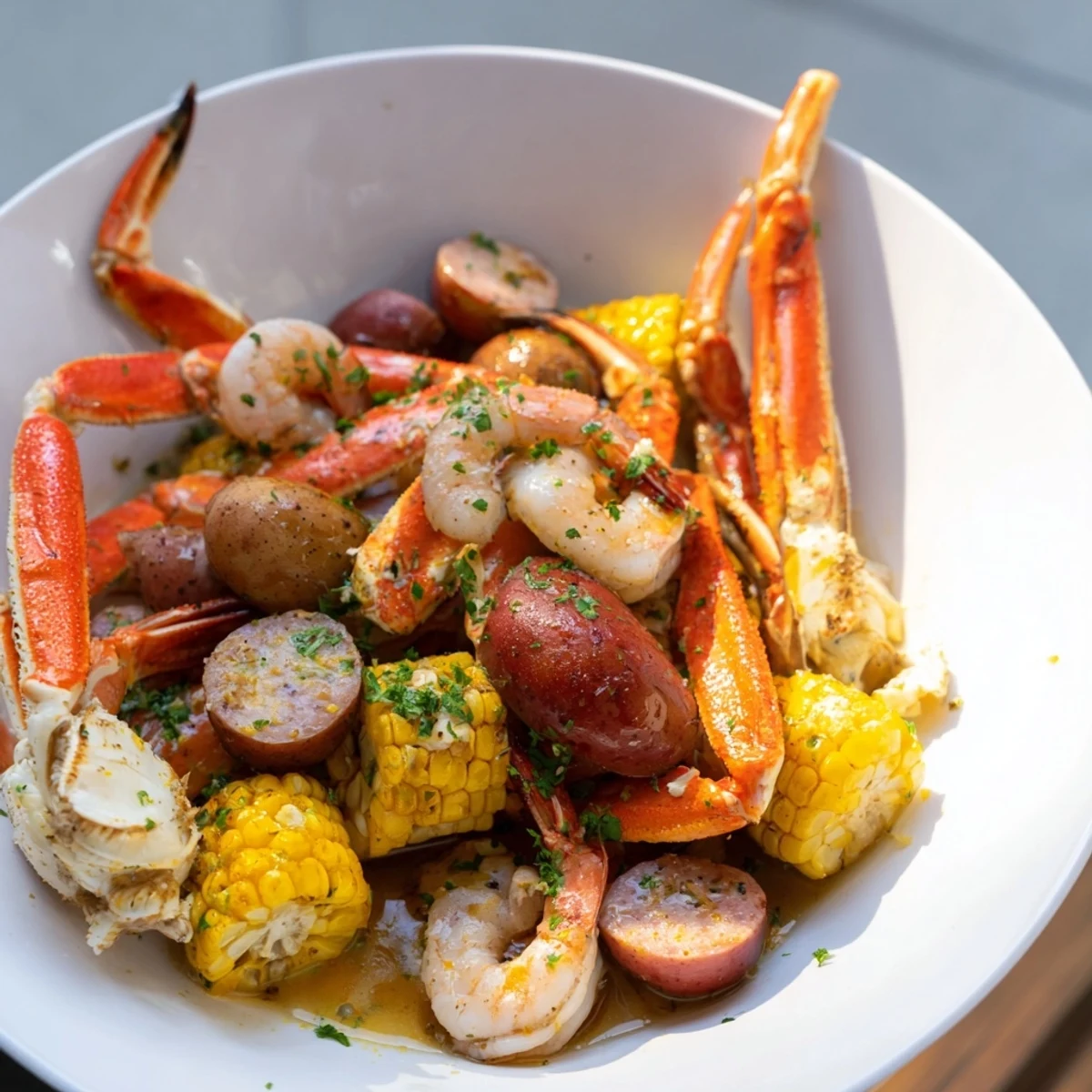 Close-up of a rustic seafood boil with crab, spicy sausage, and corn coated in flavorful spices.