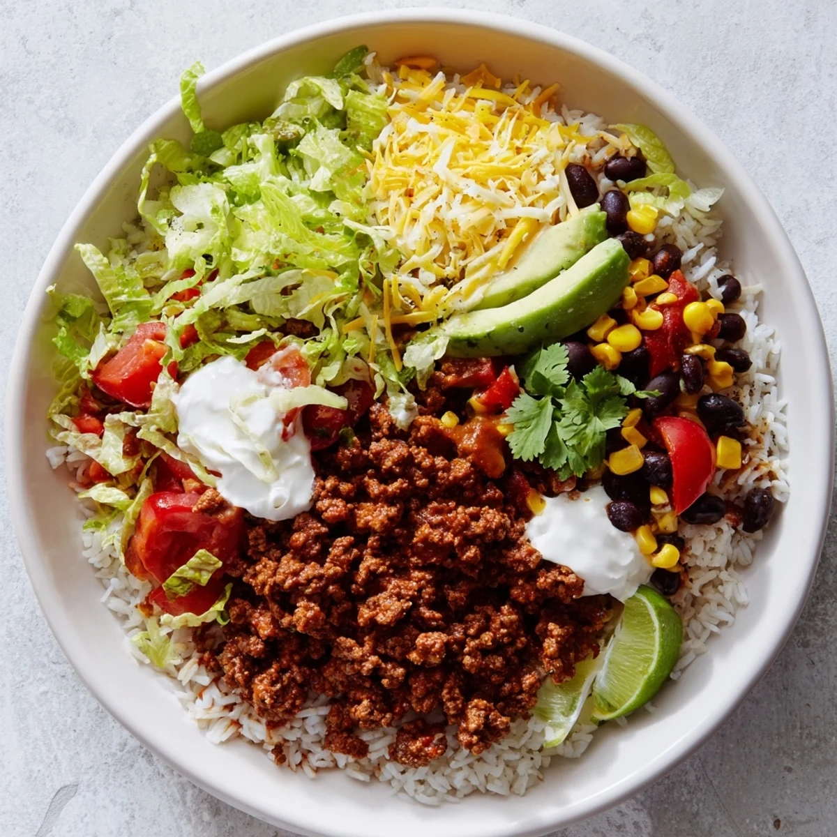 A colorful close-up of a loaded beef burrito bowl with fluffy rice, beans, and fresh cilantro.