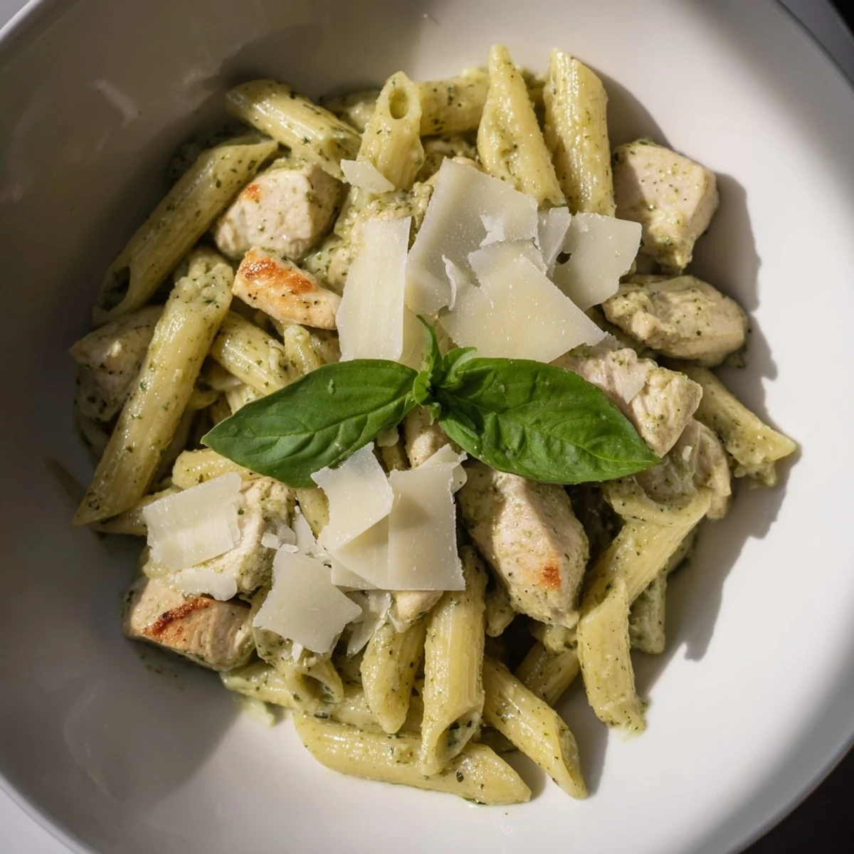 Creamy Pesto Penne & Chicken with tender chicken and a vibrant green pesto sauce, ready to serve.