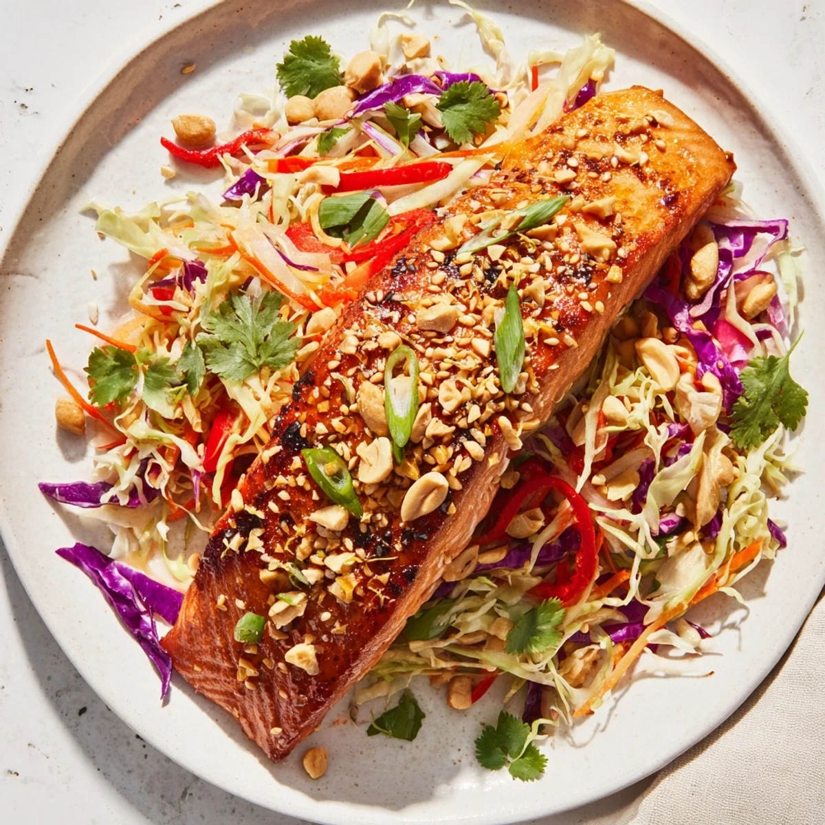 Golden-brown teriyaki salmon glistens atop colorful Asian slaw, perfect for this satisfying bowl.