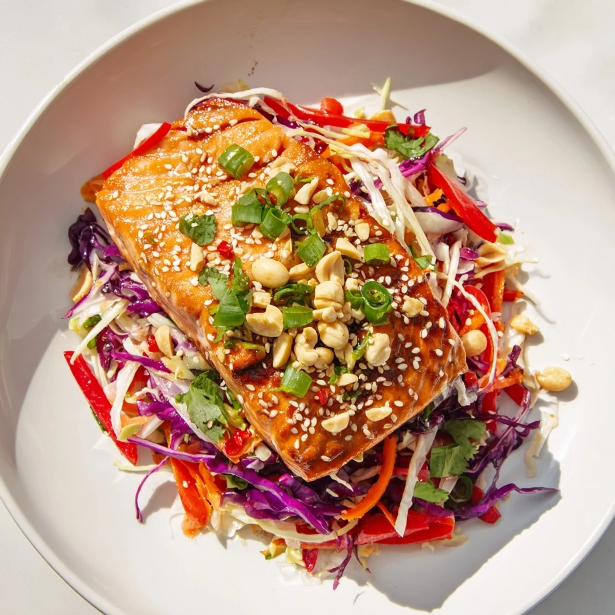 Fresh, flaky teriyaki salmon is served over crisp Asian slaw, a healthy and delicious meal.