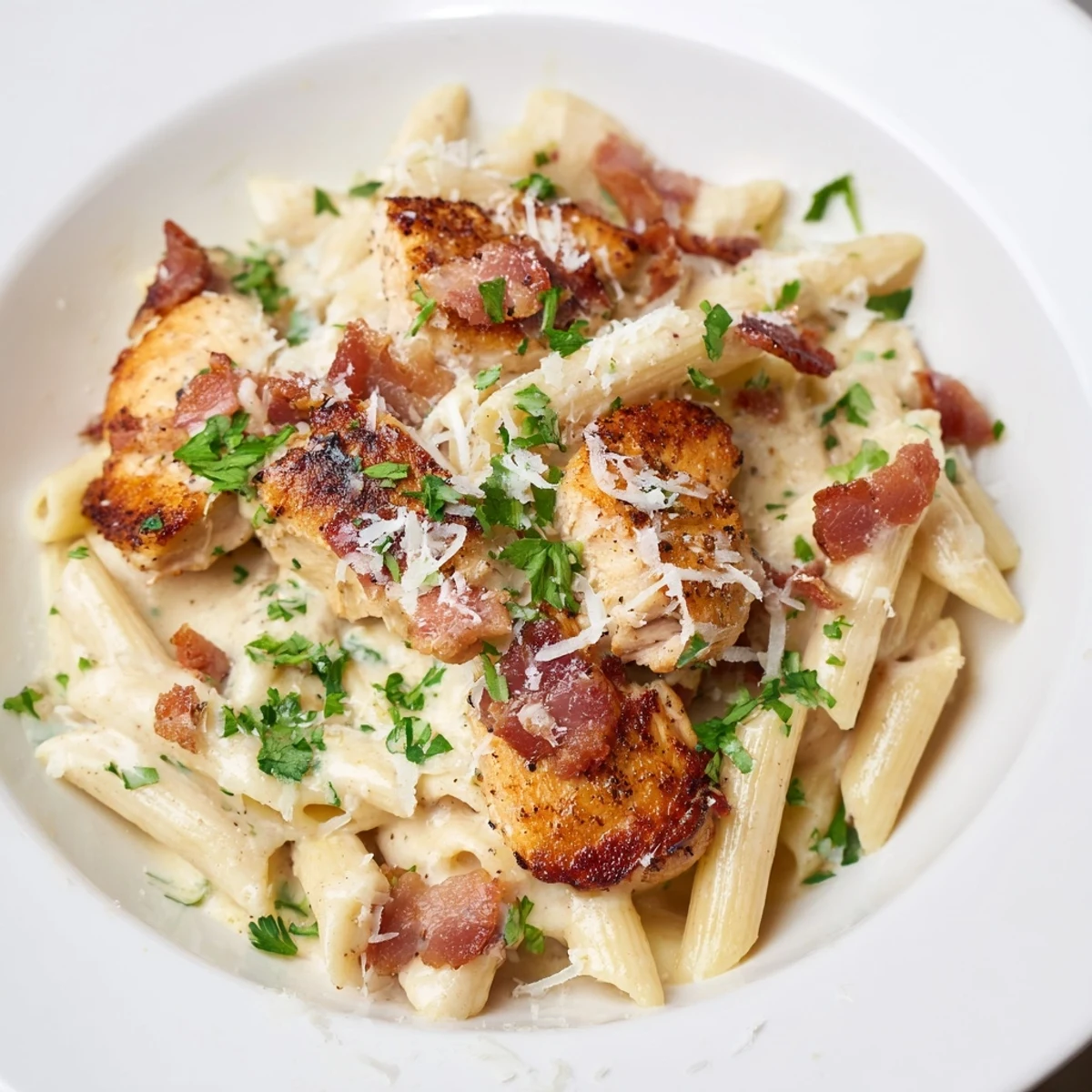 Creamy Ranch Chicken & Bacon Penne pasta, with visible crispy bacon and perfectly cooked chicken pieces.
