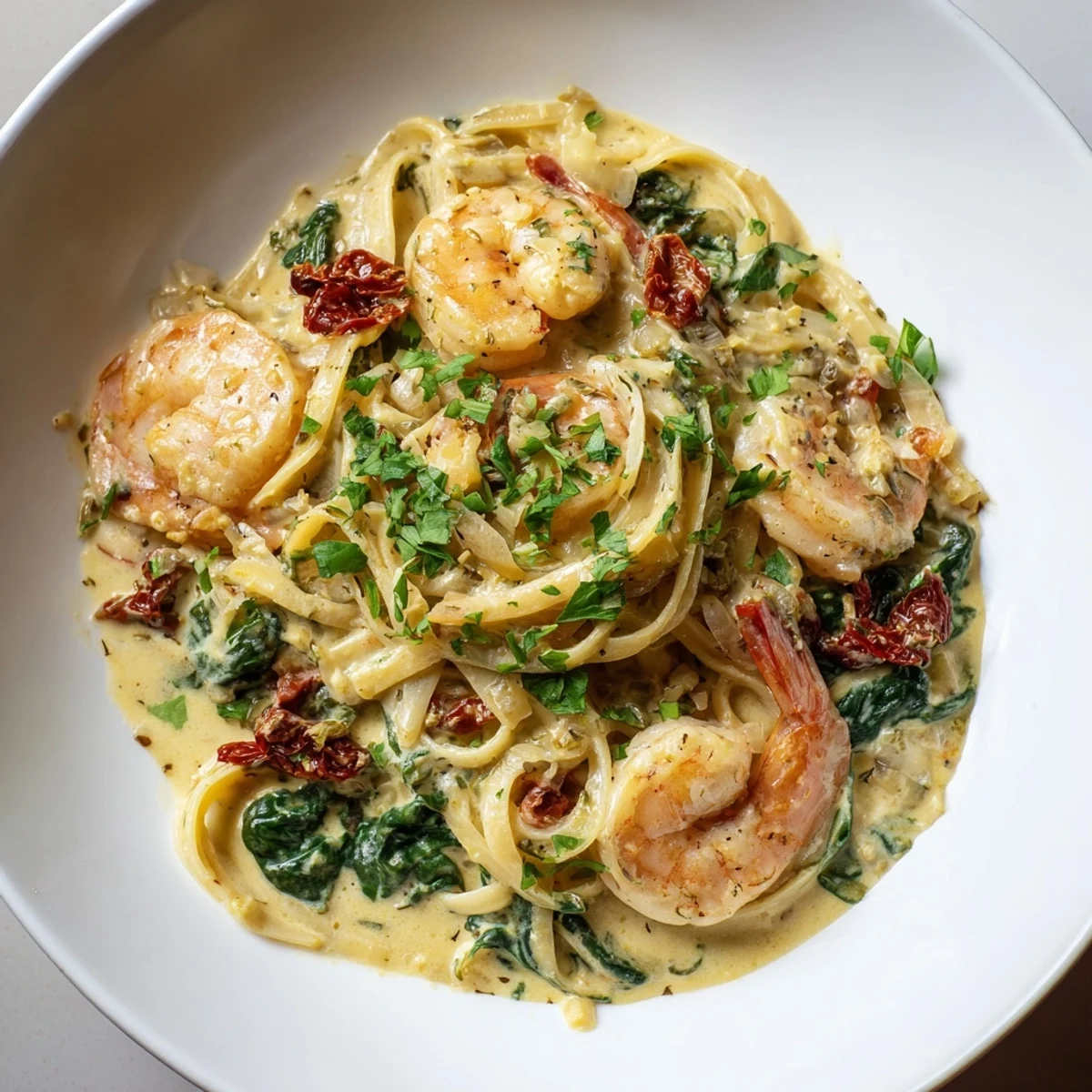 Tuscan Garlic Shrimp Pasta, a creamy, golden dish, filled with shrimp and sun-dried tomatoes.
