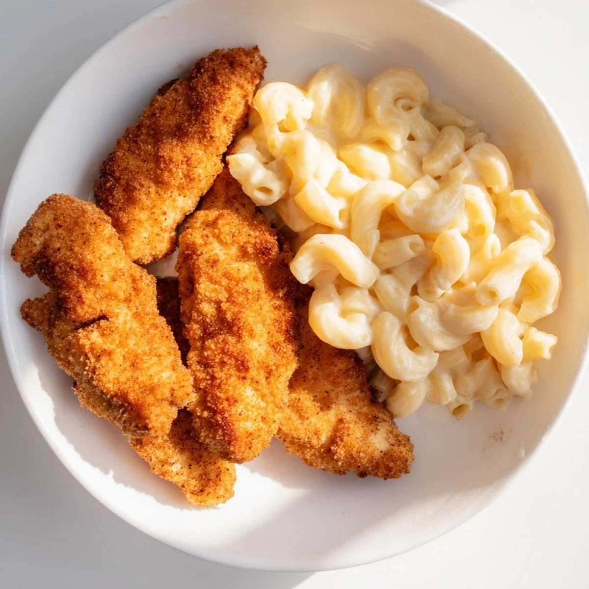 Golden-fried crispy chicken tenders alongside creamy macaroni and cheese, perfect for a cozy meal.