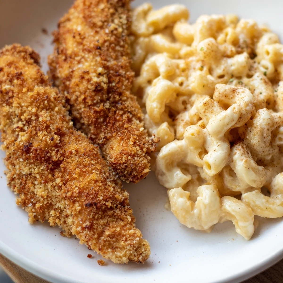 Enjoy the savory aroma of these crispy chicken tenders, served with comforting, classic macaroni.