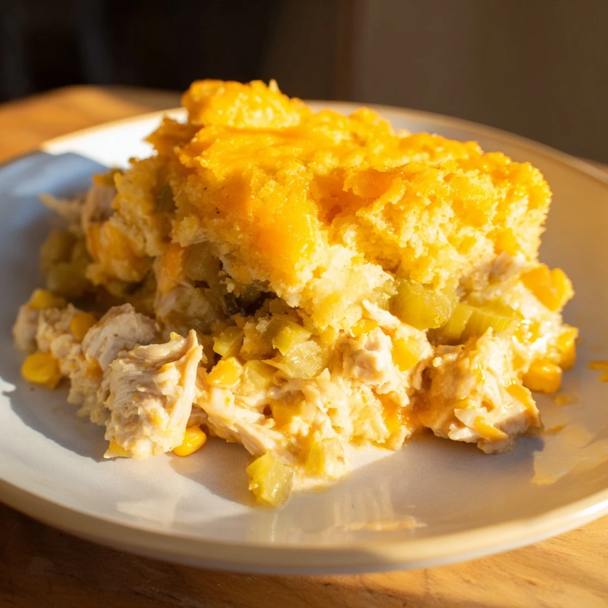 Golden-brown Southern Cornbread Chicken Casserole with a bubbling, savory chicken and corn filling.