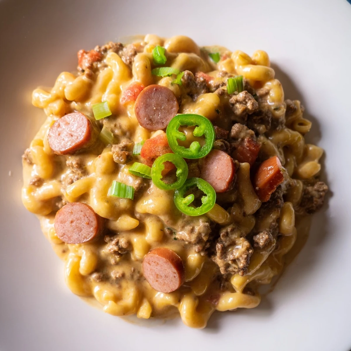 Creamy and cheesy Chili Cheese Dog Mac & Cheese, bubbling hot from the oven with a golden crust.