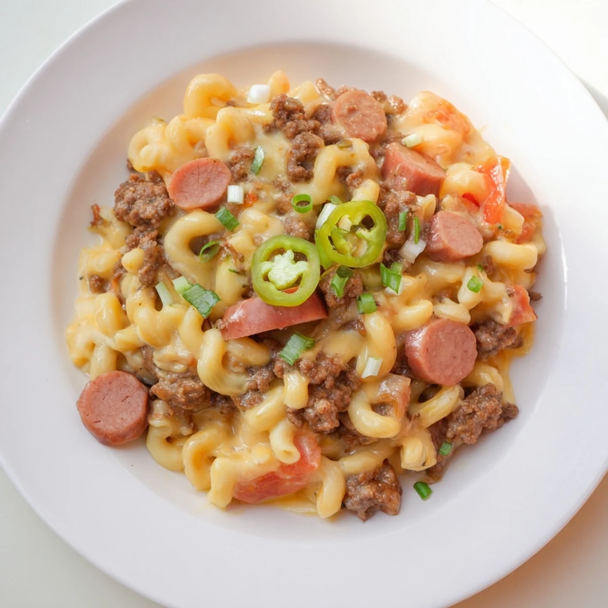 A close-up of a flavorful Chili Cheese Dog Mac & Cheese dish, garnished and ready to eat.