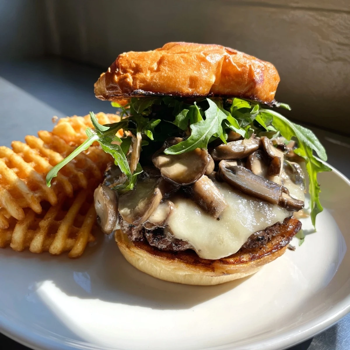 Enjoy a tempting close-up of a hearty Mushroom Swiss Burger, layered with fresh arugula and golden waffle fries.