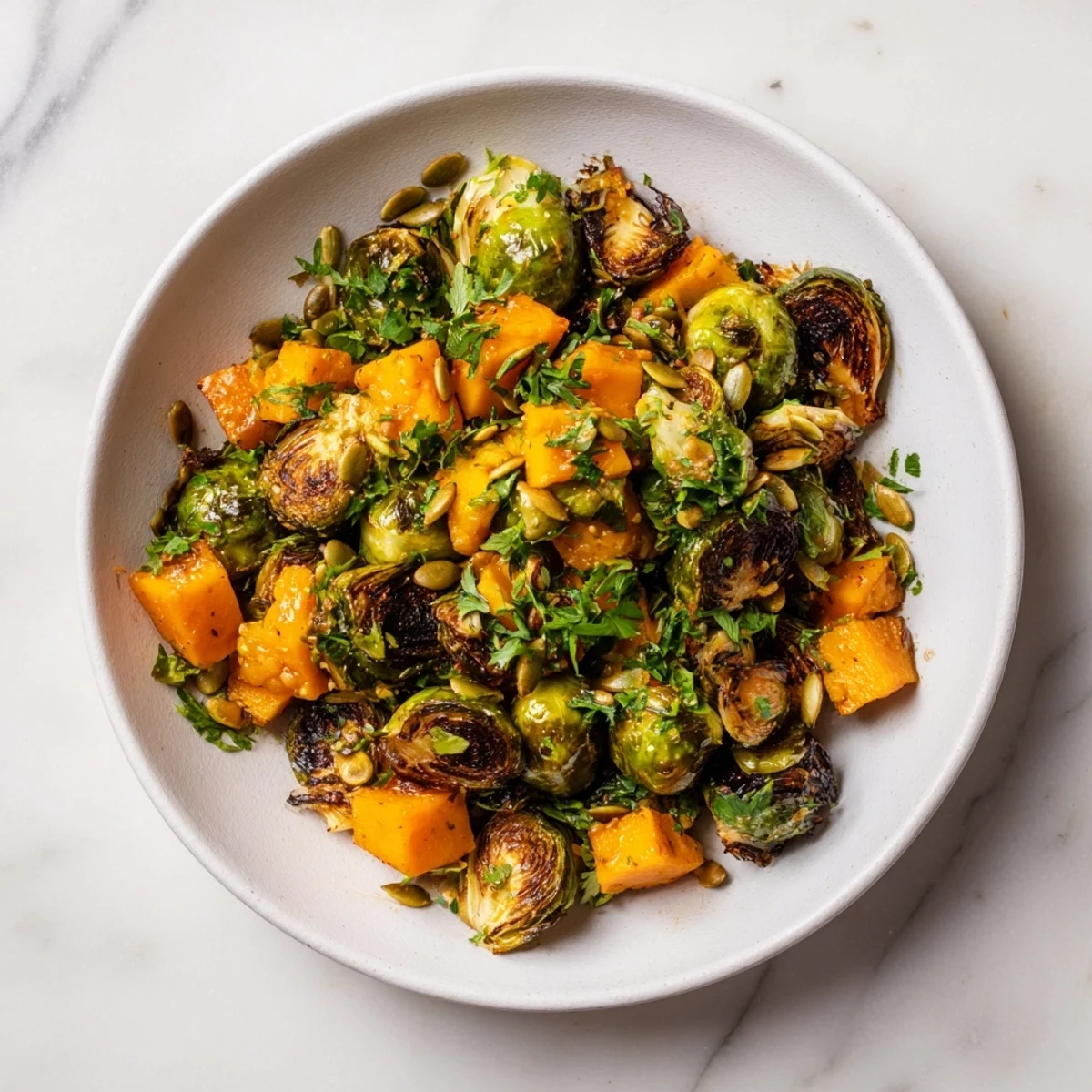 A close-up of delicious roasted Brussels sprouts and butternut squash, drizzled with a fresh orange dressing.