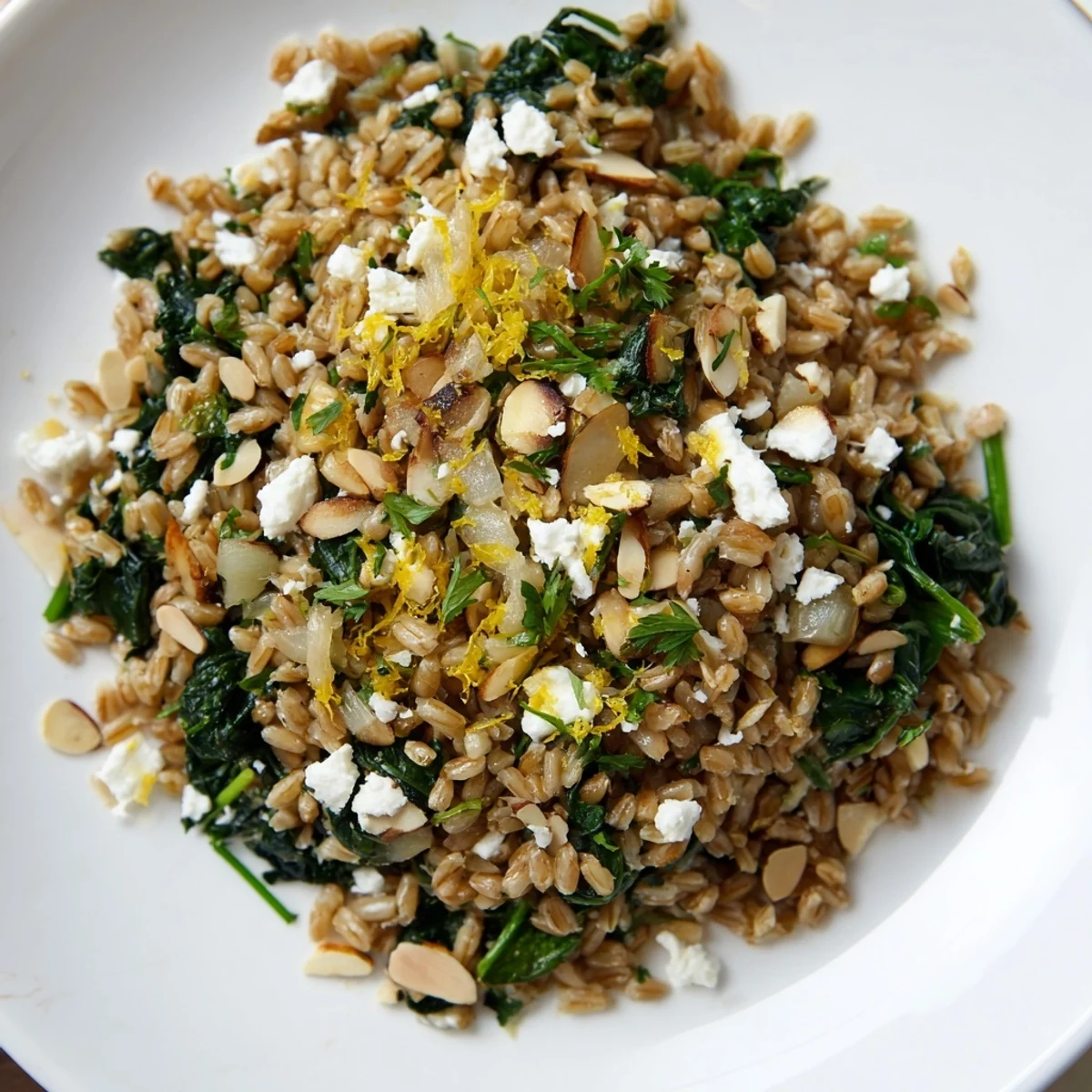 Close-up of a colorful, Mediterranean-inspired Farro & Greens Pilaf, perfect for a healthy dinner.