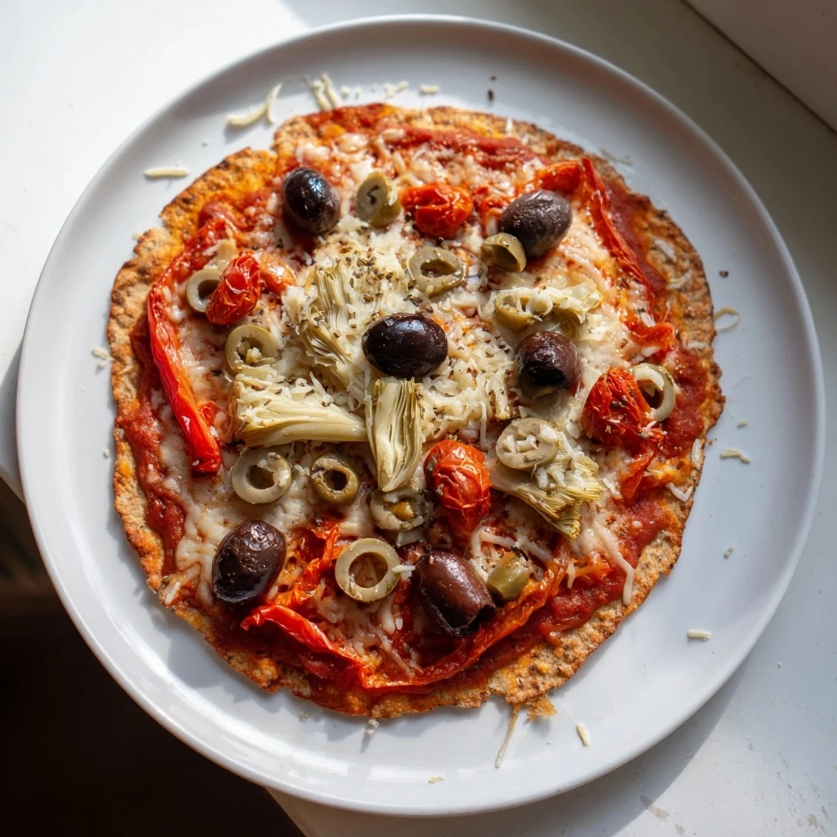 Golden-brown tortilla pizza loaded with melted cheese, roasted red peppers, and olives, ready to enjoy.