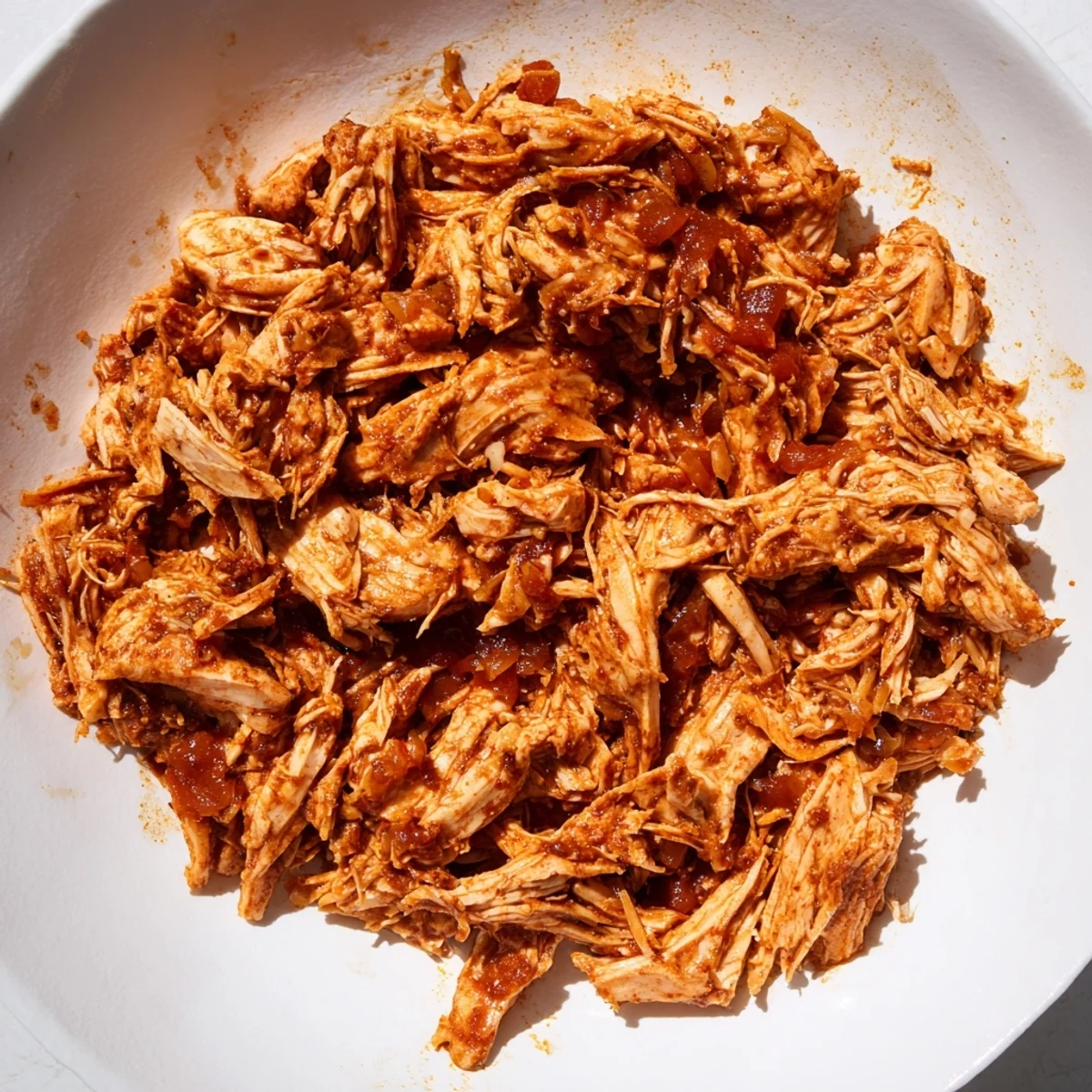 These flavorful Crock-Pot shredded chicken tacos are shown piled high with colorful, fresh toppings.