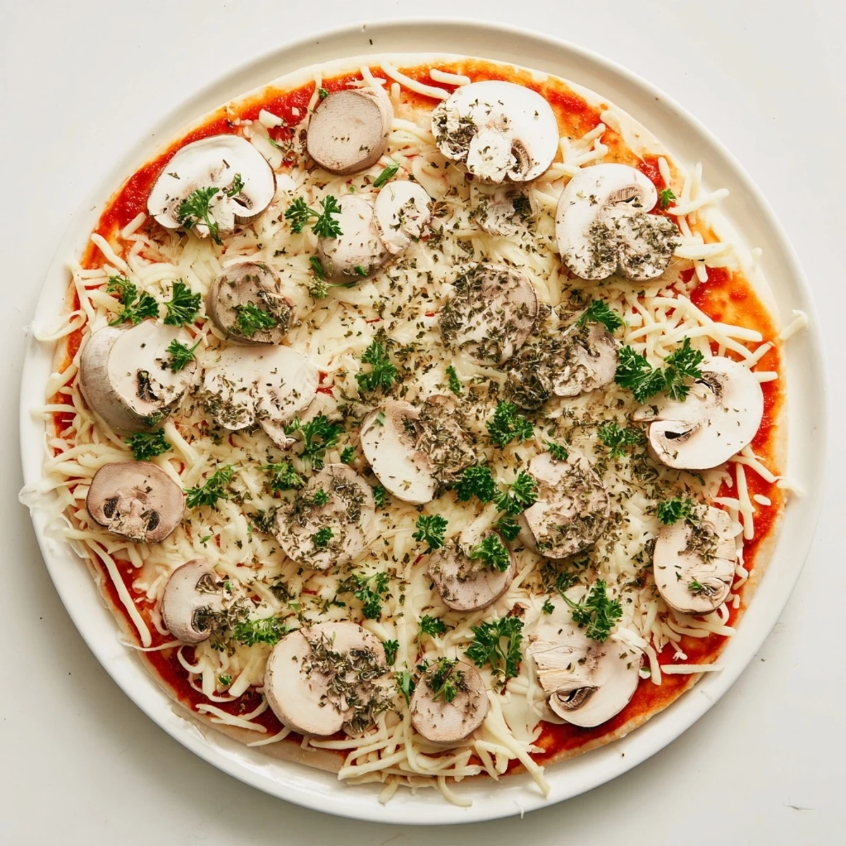 Close-up of a perfectly cooked frozen pizza upgrade, featuring savory mushrooms and a cheesy crust.