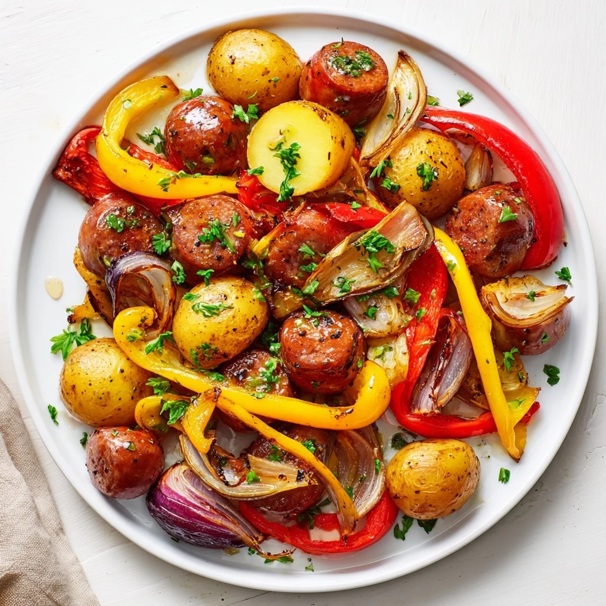 Sheet-Pan Sausage with Peppers showcases sizzling sausages and vibrant roasted vegetables, perfect for a weeknight dinner.