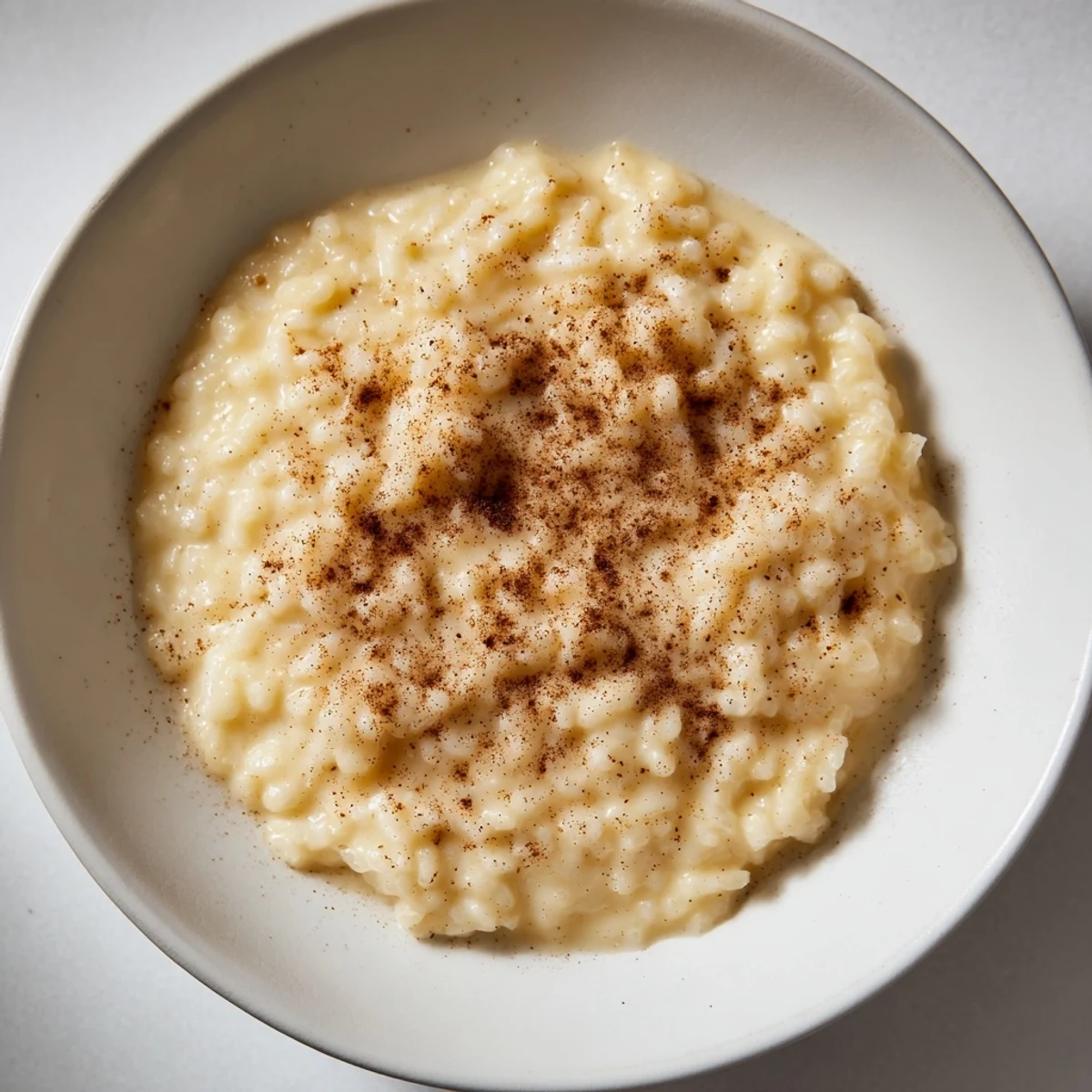 Steaming bowl of Rice Pudding with Leftover Rice, finished with a dusting of cinnamon and ready to serve.