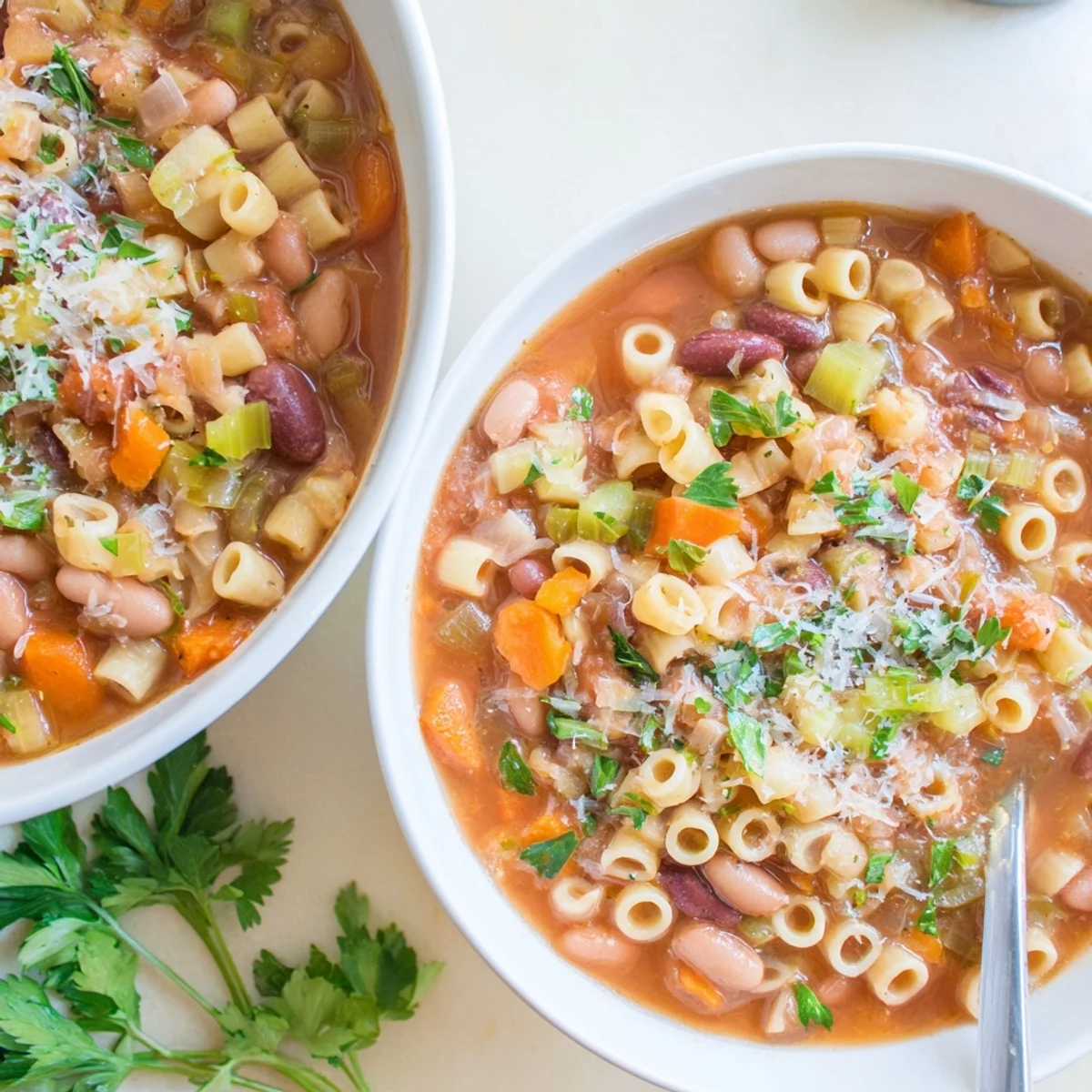 Steaming hot Pasta e Fagioli soup in a bowl, garnished with fresh parsley and Parmesan.