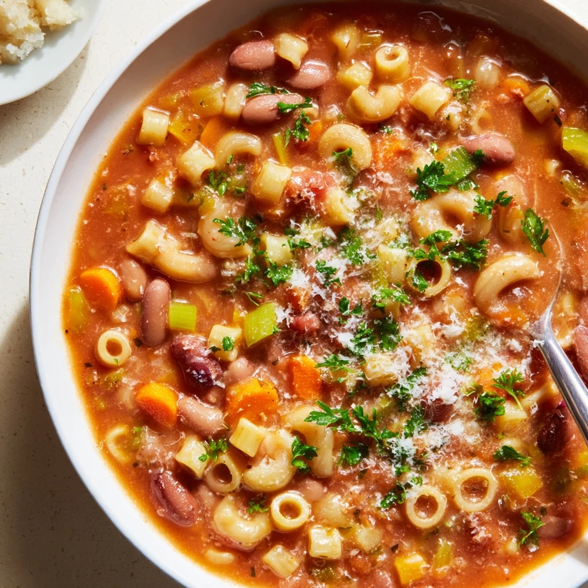 A close-up of a rustic bowl filled with flavorful Pasta e Fagioli, ready to eat.