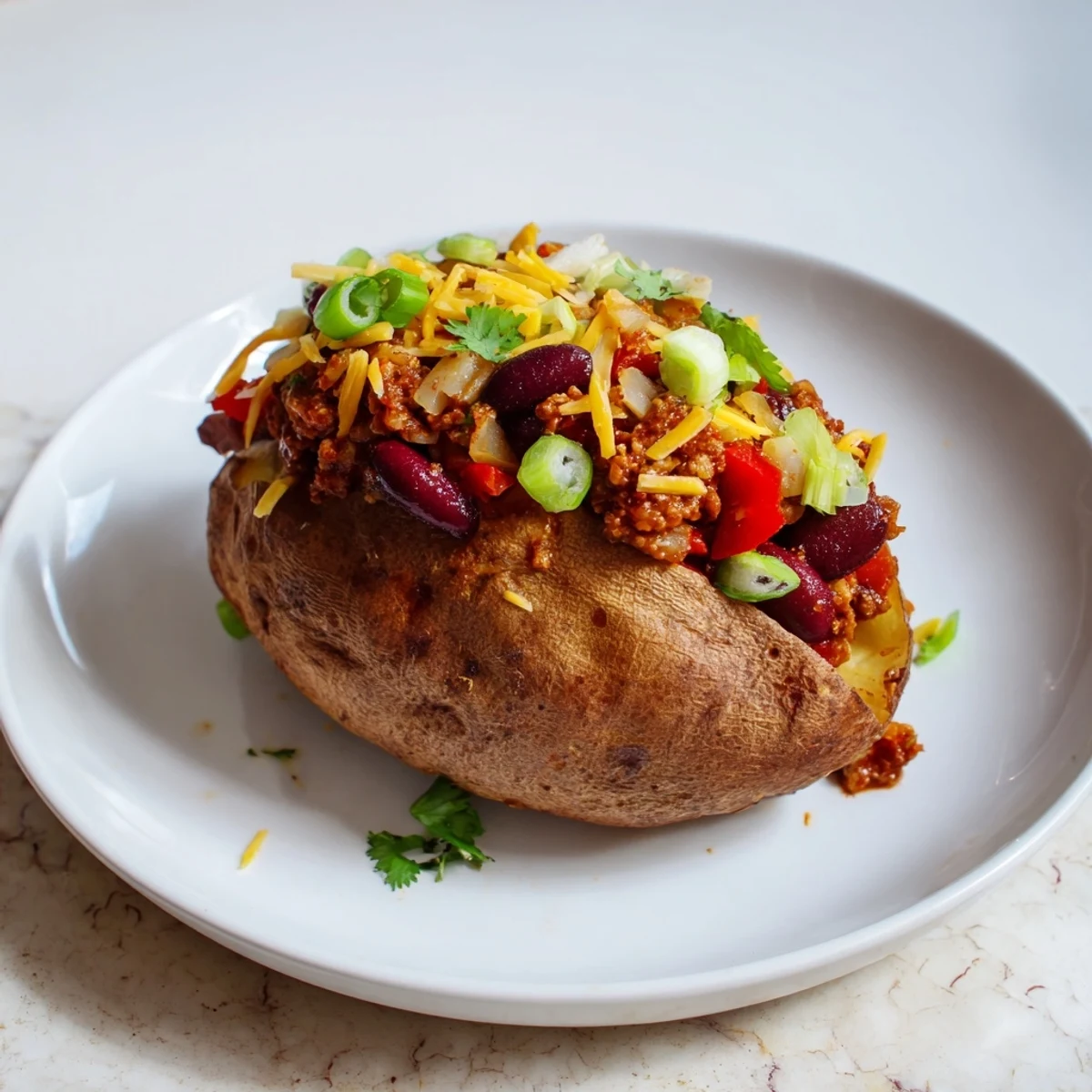 Steaming, hearty Chili-Style Baked Potatoes overflowing with chili, a vegetarian and filling main course.