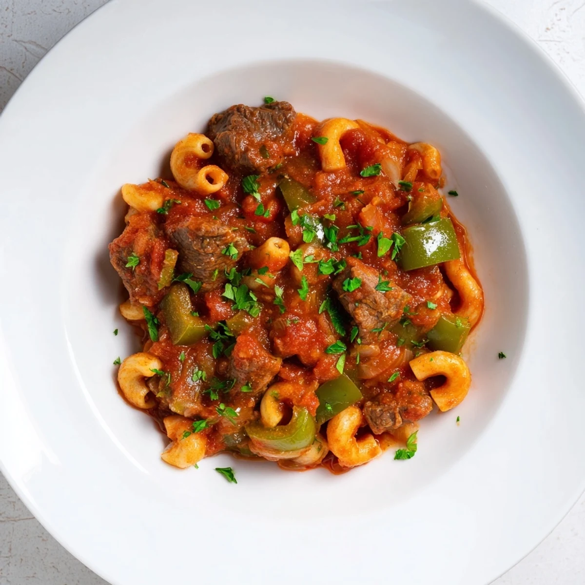 Steaming bowl of goulash with beef and pasta, garnished with fresh parsley, looks hearty and delicious.