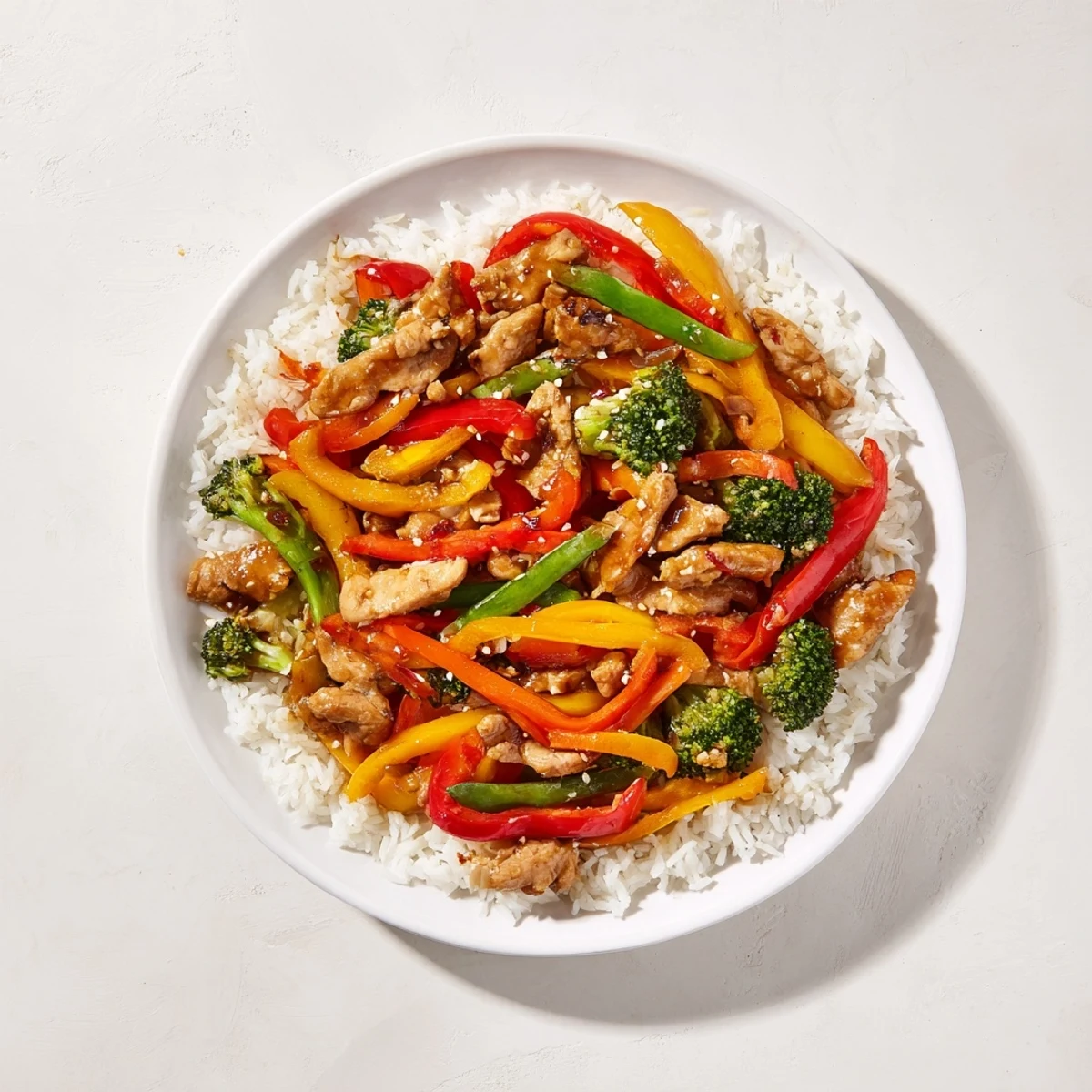 Steaming white rice is topped with chicken stir-fry; a colorful, savory feast.