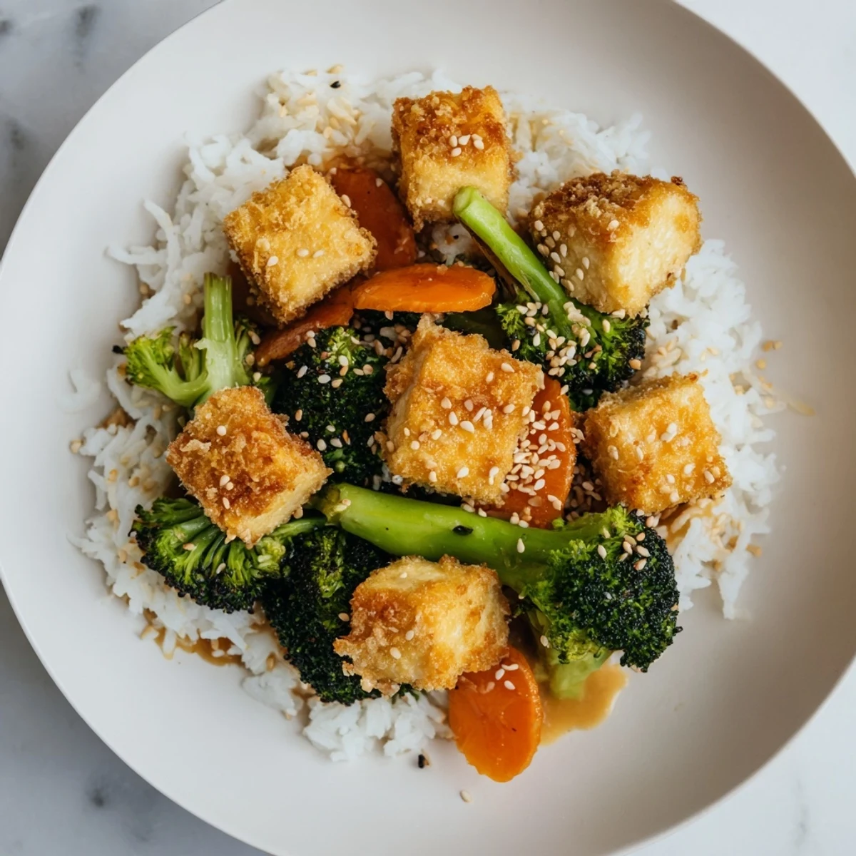 Crispy sesame tofu and broccoli with rice: a vibrant, vegetarian meal with savory sauce.