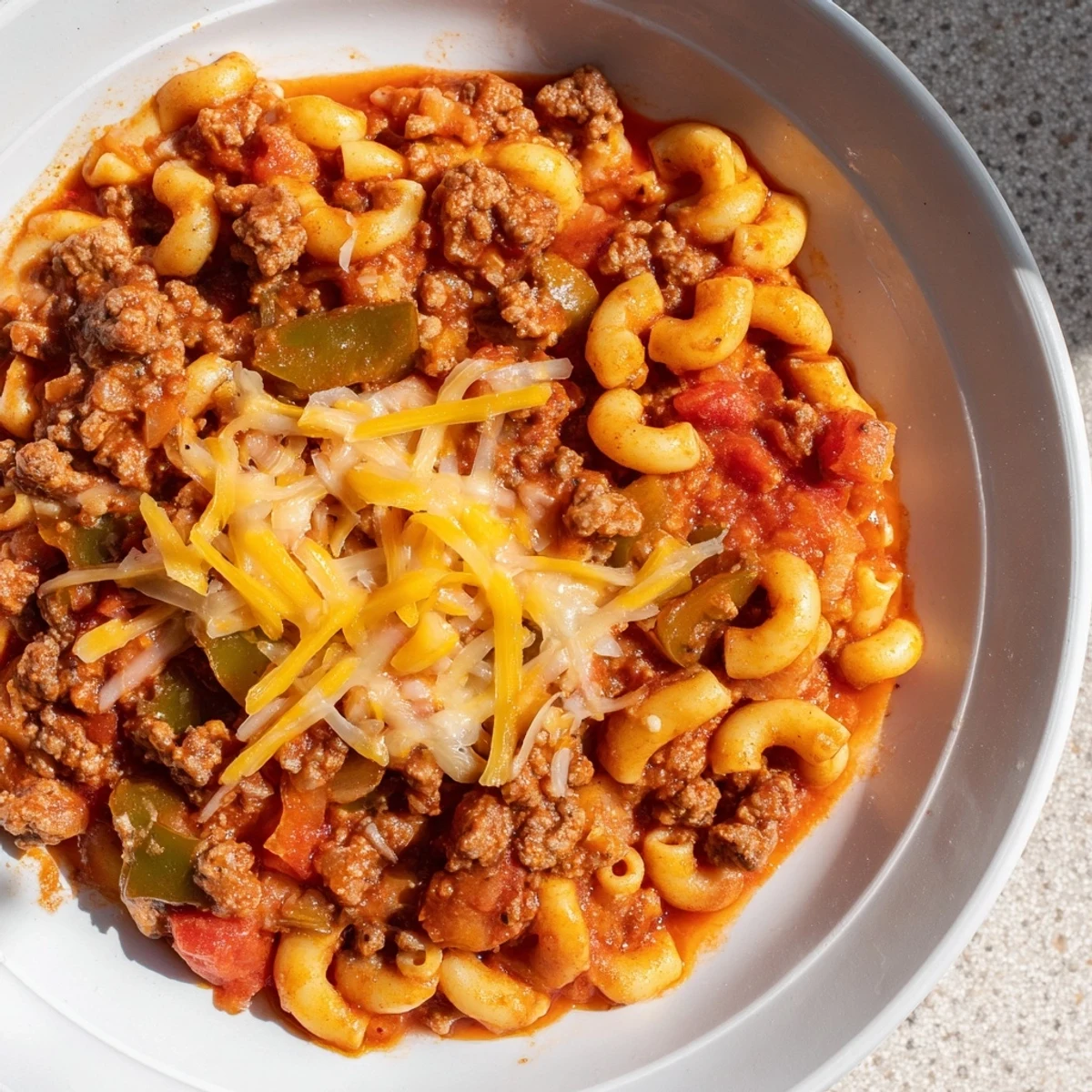 Golden, bubbly baked hamburger casserole with melted cheese, a hearty family classic dinner.