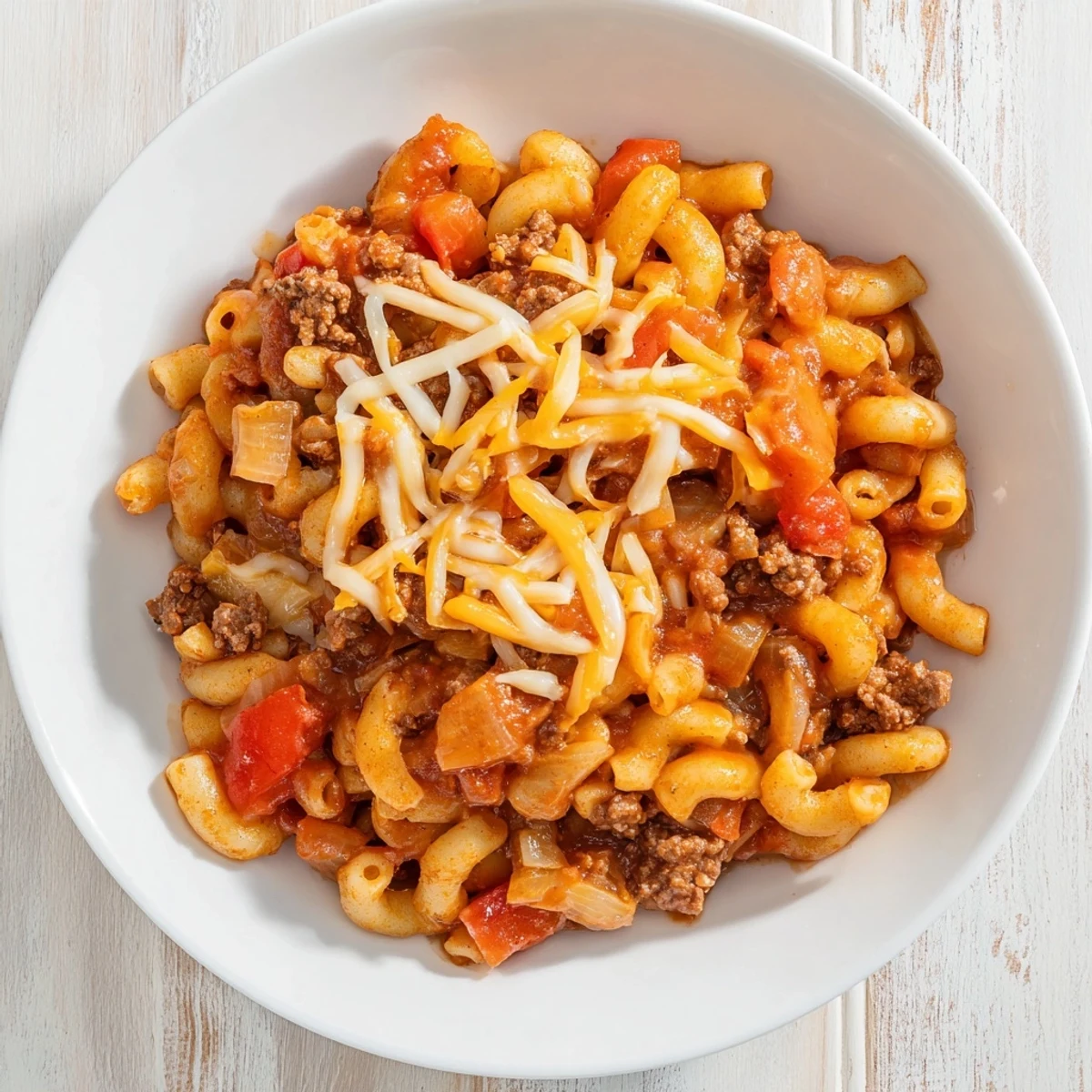 A steaming hot Hamburger Casserole shows the macaroni and beef in a rich tomato sauce.