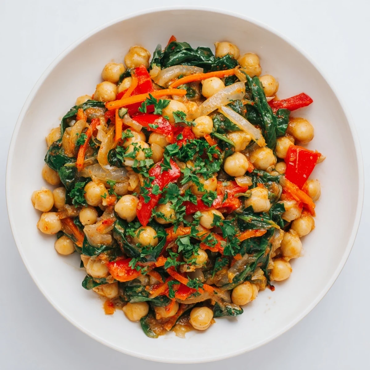 Vibrant Vegetarian Chickpea & Spinach Skillet, showcasing tender spinach atop spiced chickpeas, perfect for a cozy weeknight.