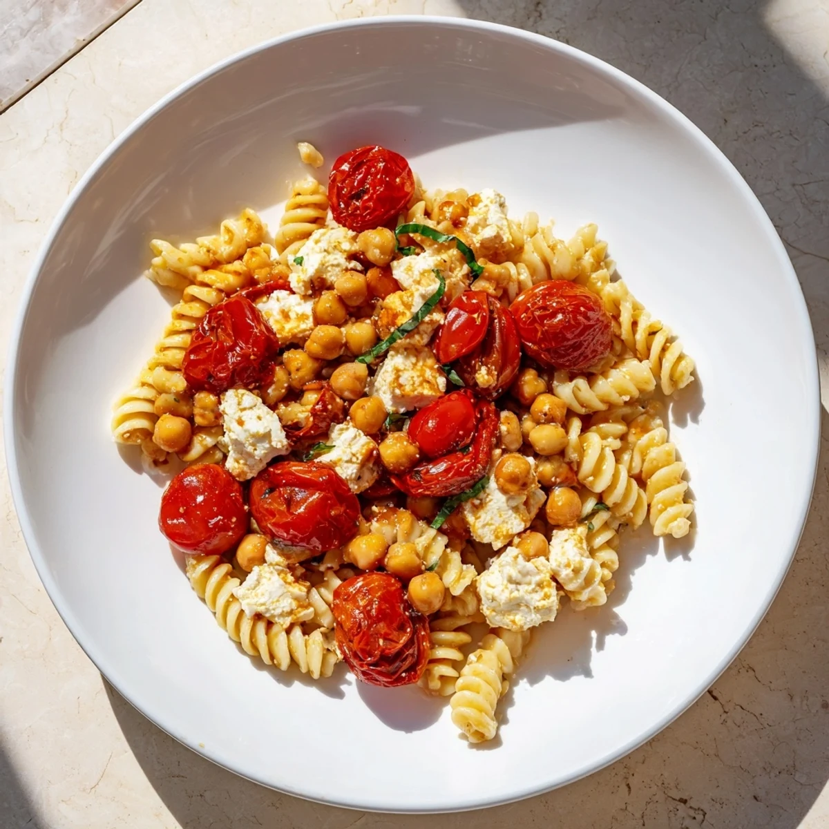 Creamy baked feta chickpea and tomatoes over pasta: a Mediterranean delight with vibrant colors and rich aromas.