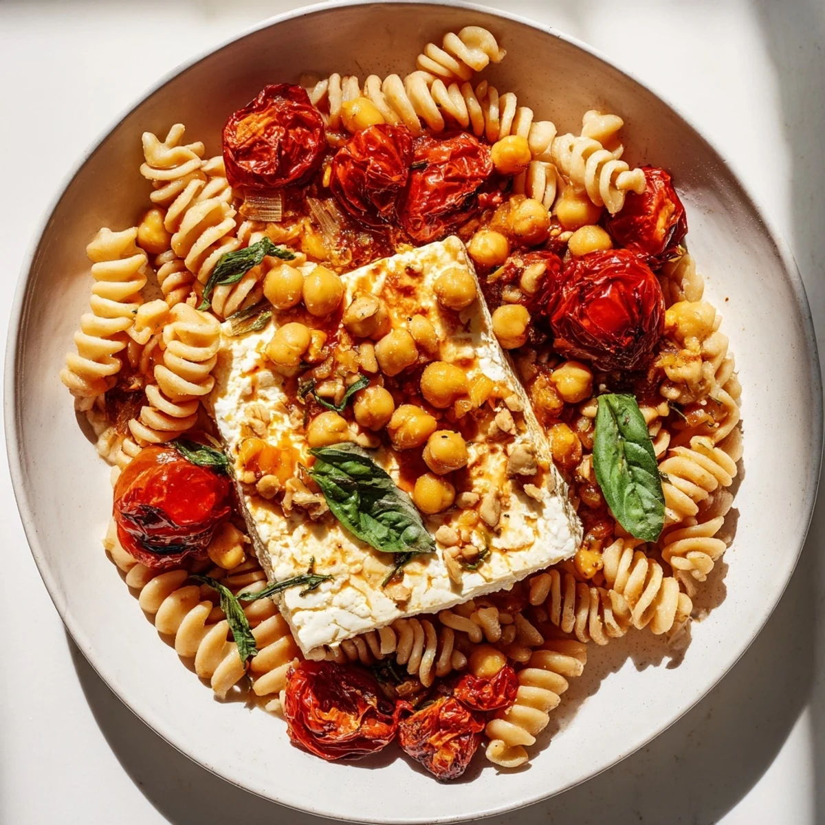 Delicious baked feta chickpea recipe, featuring roasted tomatoes and herbs served over flavorful pasta.