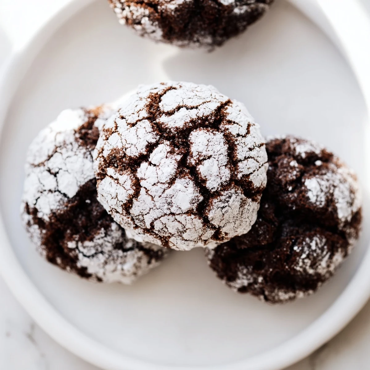 Close-up of a plate of rich chocolate gingerbread crinkle cookies; perfect for a holiday dessert.