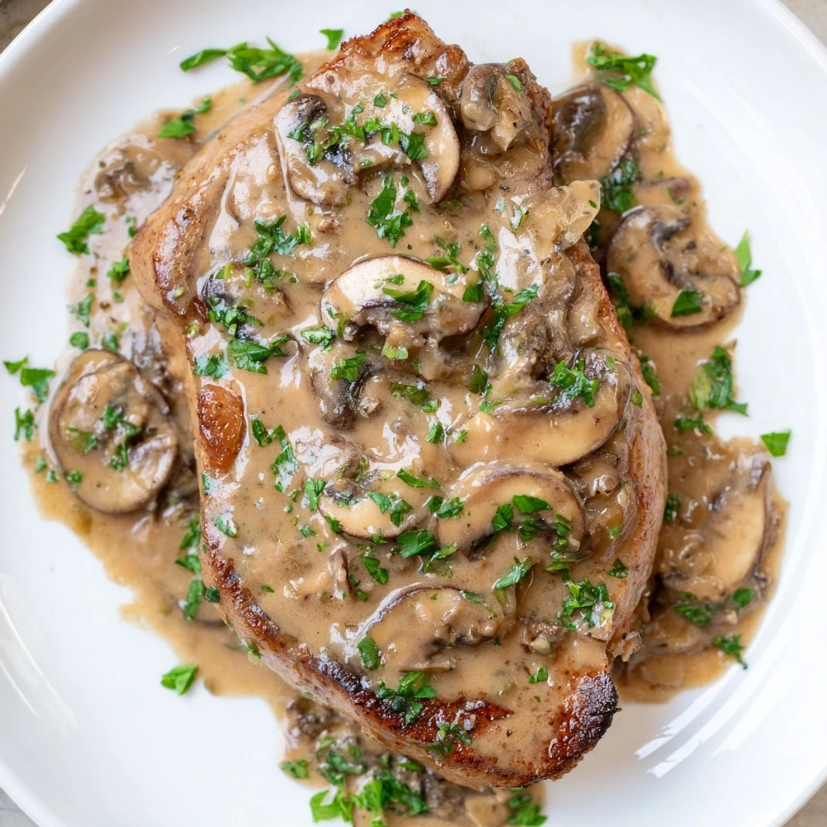 Beautifully seared Stove Top Pork Chops with a creamy mushroom sauce, a comforting classic.