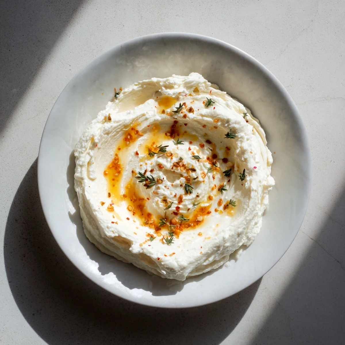 A bowl of fluffy whipped ricotta dip, beautifully marbled with vibrant hot honey, perfect for dipping.