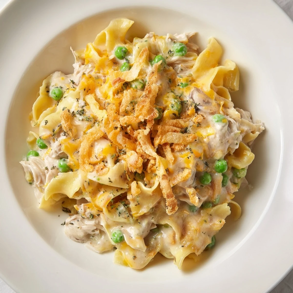 This warm, creamy tuna noodle casserole features flaky tuna in a rich sauce with crunchy onions.