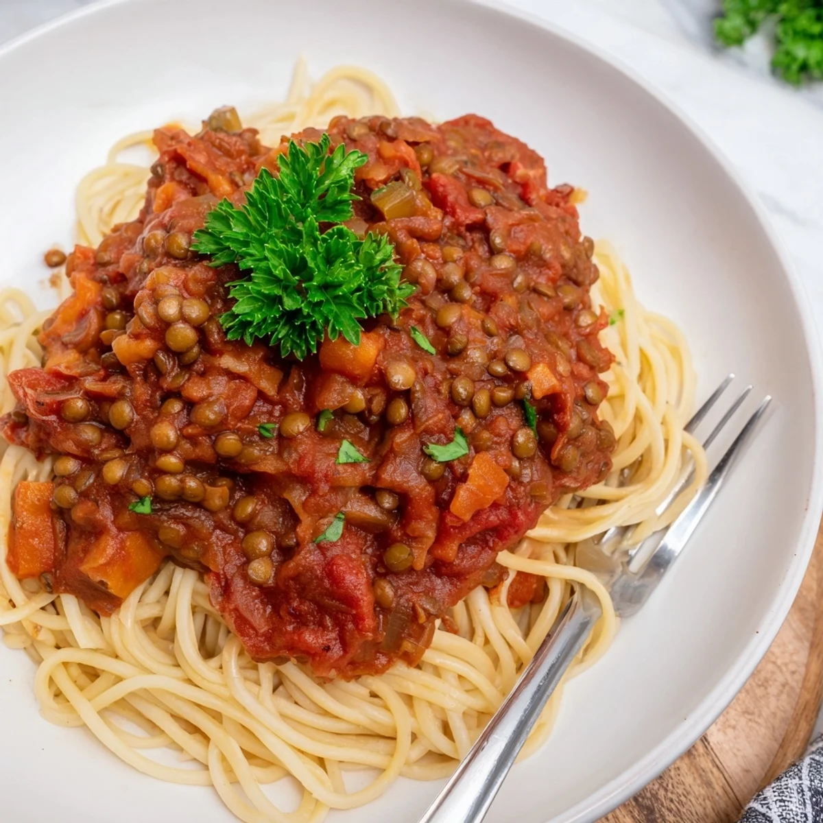 Steaming bowl of Hearty Lentil Bolognese served over spaghetti, ready to eat and enjoy.