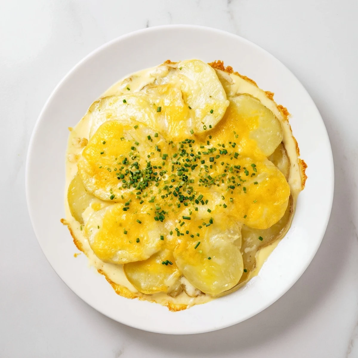 Golden, bubbly Cheesy Scalloped Potatoes with a thick, creamy sauce, ready for serving.