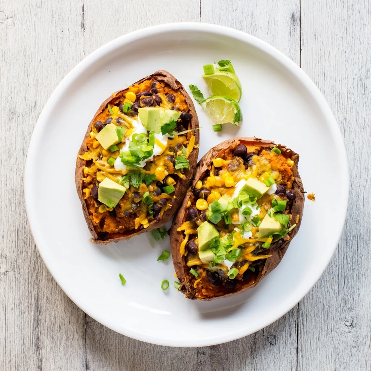 Steaming, fluffy Loaded Baked Sweet Potatoes brimming with vibrant black beans, corn, and melted cheese for dinner.