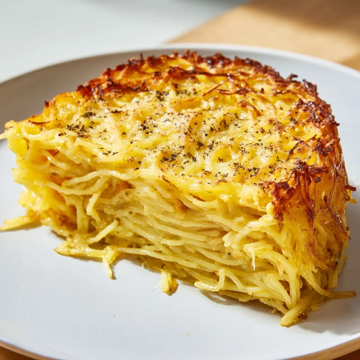 Imagine a close-up of this savory Cacio e Pepe Pasta Pie with a golden crust, perfect for any dinner.