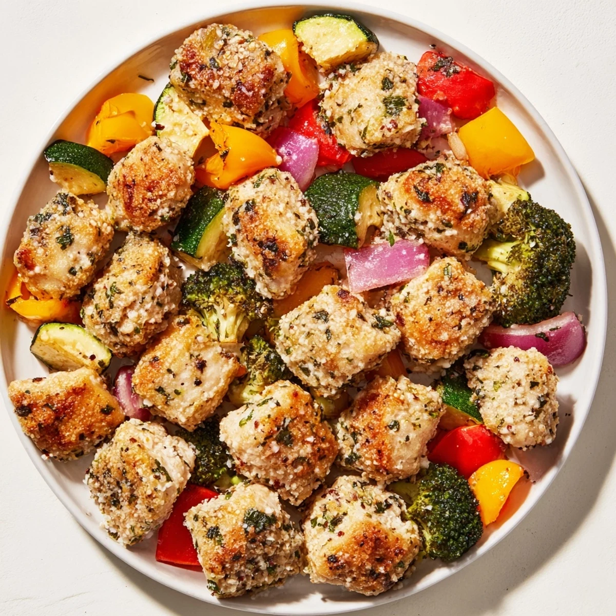 Sheet pan Garlic Parmesan Chicken Bites, a savory meal featuring roasted vegetables and crispy chicken.
