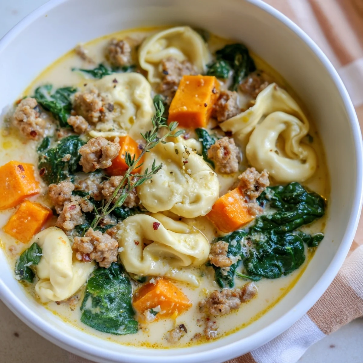 Creamy Sausage Tortellini Soup simmering with sweet potatoes and spinach, ready to serve with crusty bread.