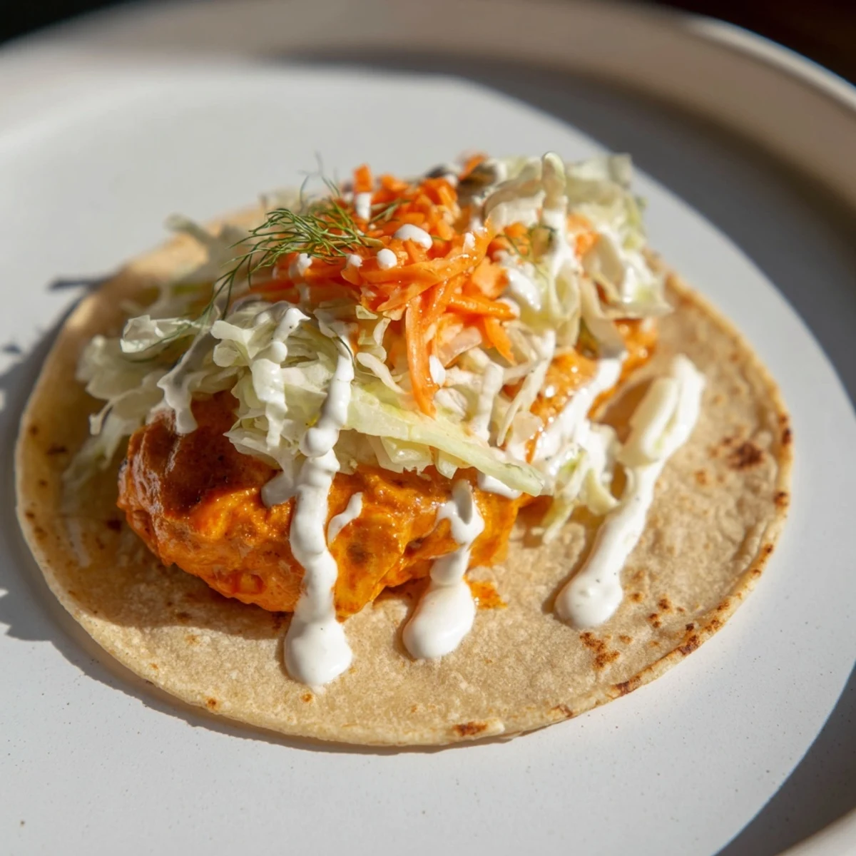 Sizzling Buffalo Chicken Smash Burger Tacos, bursting with spicy chicken and cool ranch topping, a delicious meal.