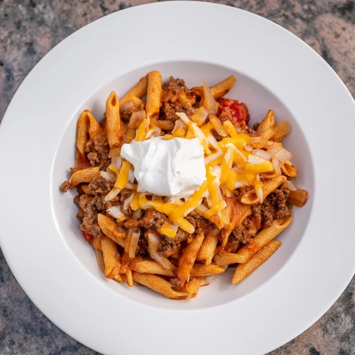 Easy Beef Enchilada Pasta, a one-pot meal, featuring melted cheese and a vibrant, flavorful sauce.