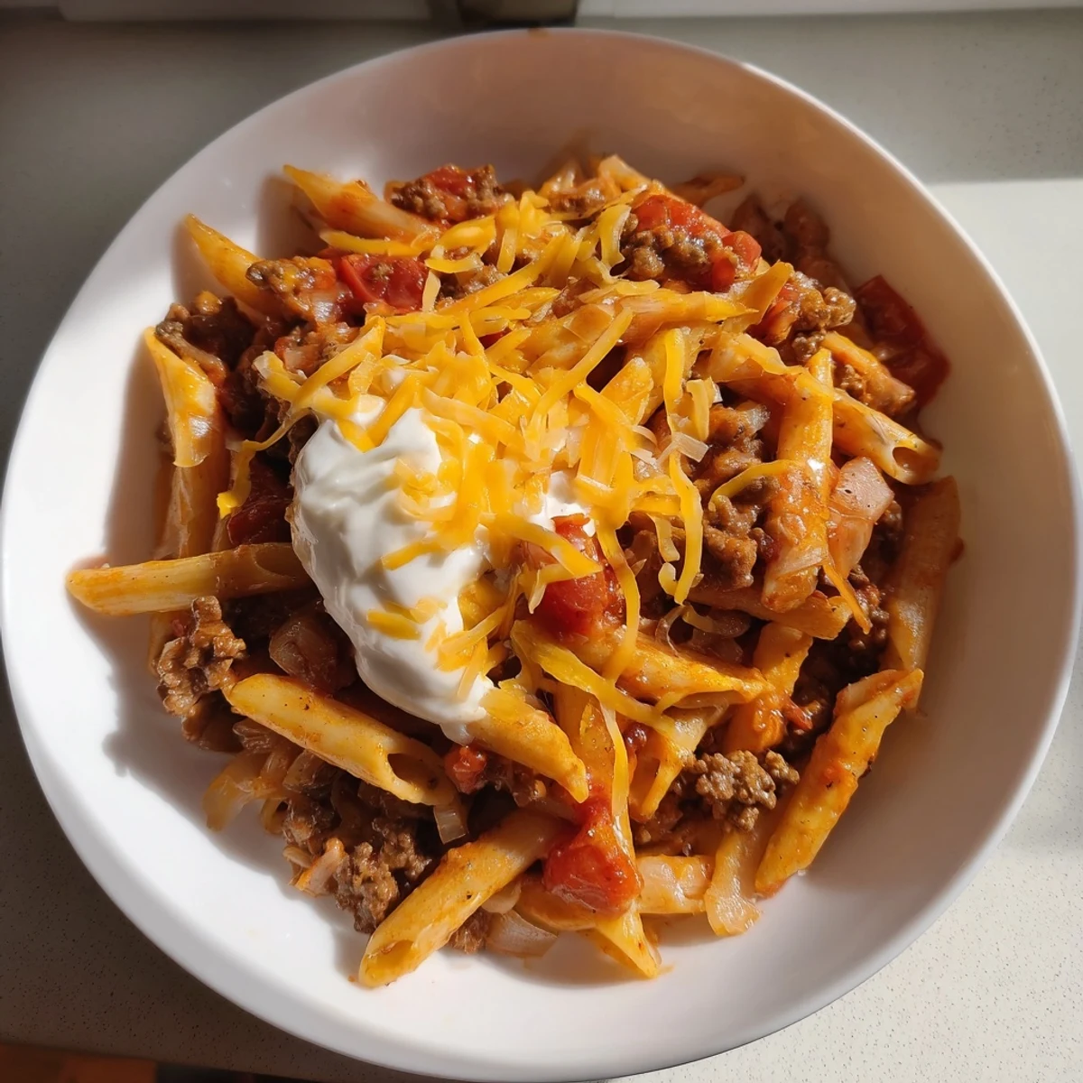 Mouthwatering image of Easy Beef Enchilada Pasta, showcasing rich ground beef and a cheesy, bubbly topping.