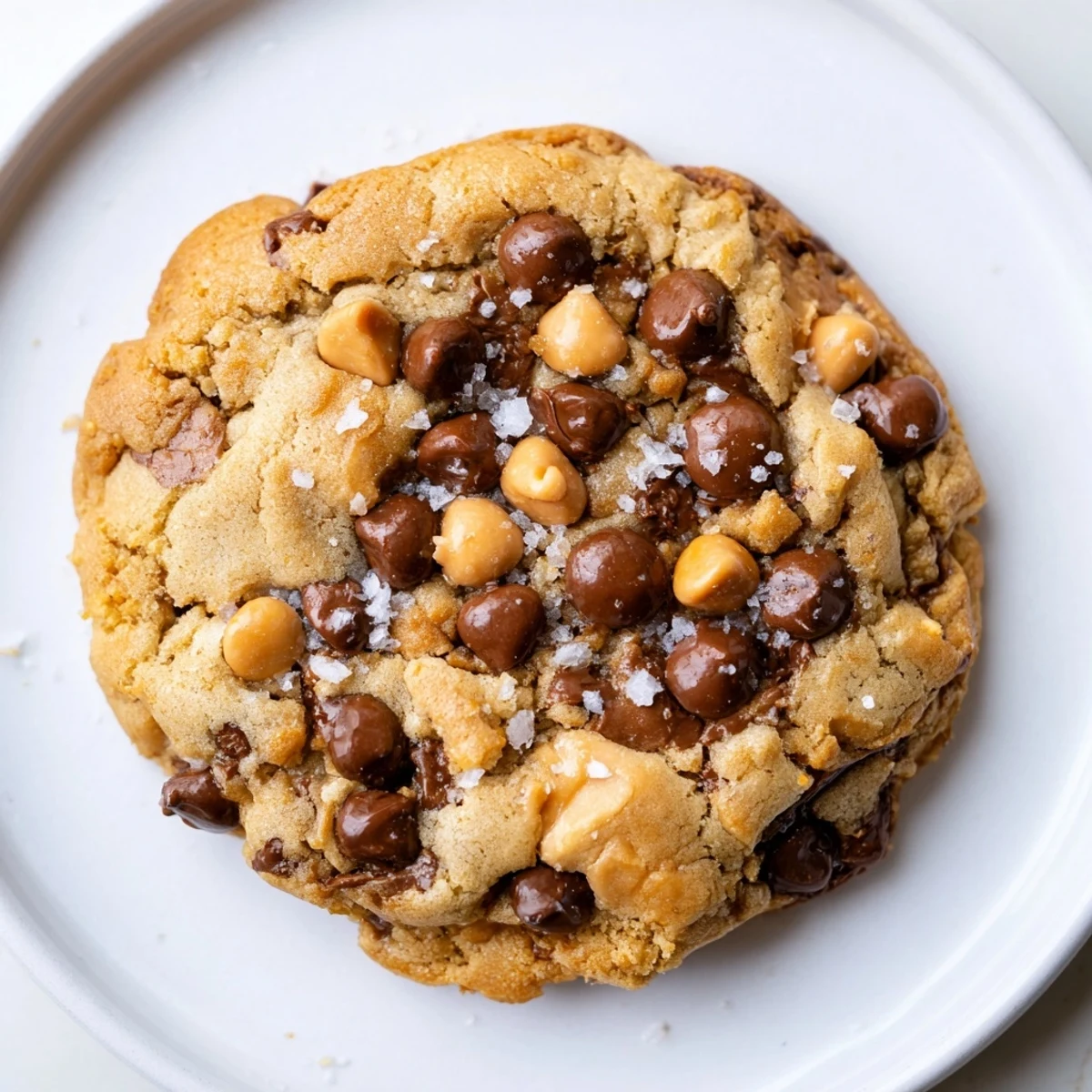 Golden-edged Best Ever Butterscotch Chocolate Chip Cookies with sea salt, smelling of warm vanilla and melting chocolate.